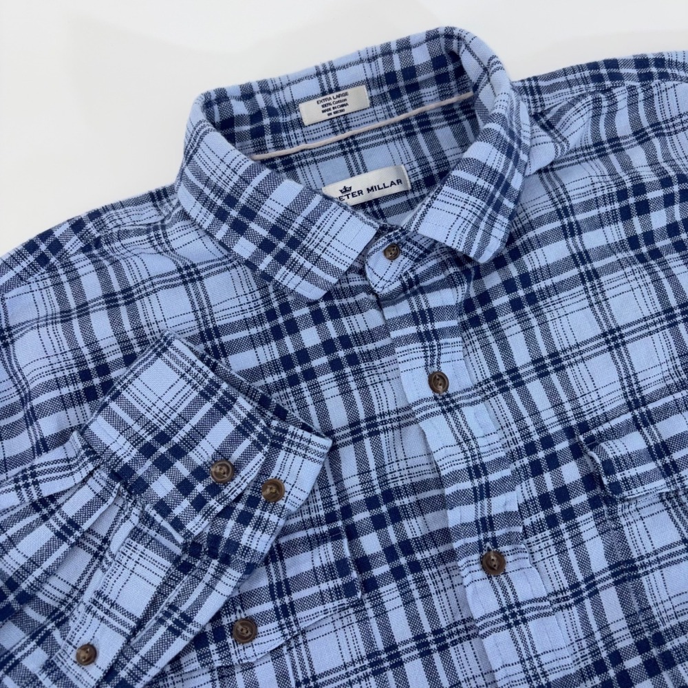 Peter Millar Mens Blue Plaid Cotton Button Down Shirt XL Long Sleeve‎ Check